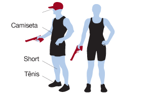imagem do equipamento de tiro: camiseta, short, tênis e arma