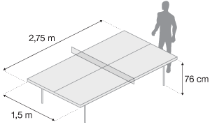 Imagem de uma mesa de tênis de mesa com 2,75m de comprimento, 1,5m de largura e 76cm de altura