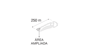 Ilustração da área de competição da canoagem de slalom, demonstrando o comprimento de 250m e separando uma área ampliada.