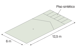 Ilustração do campo de bocha, com 6 m de largura e 12,5 m de comprimento. O piso é sintético.