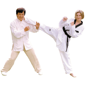 imagem de Sarah Stevenson e Jackie Chan encenando uma luta